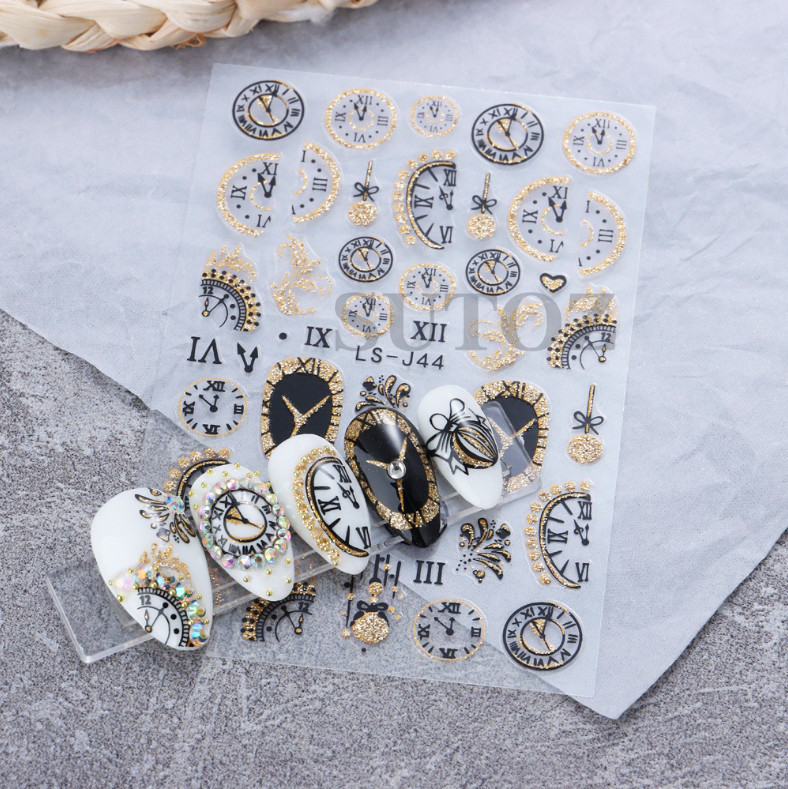 Glitter 3D Gold Black 2023 New Year Clock Time Cat French Nail Art Stickers NH21