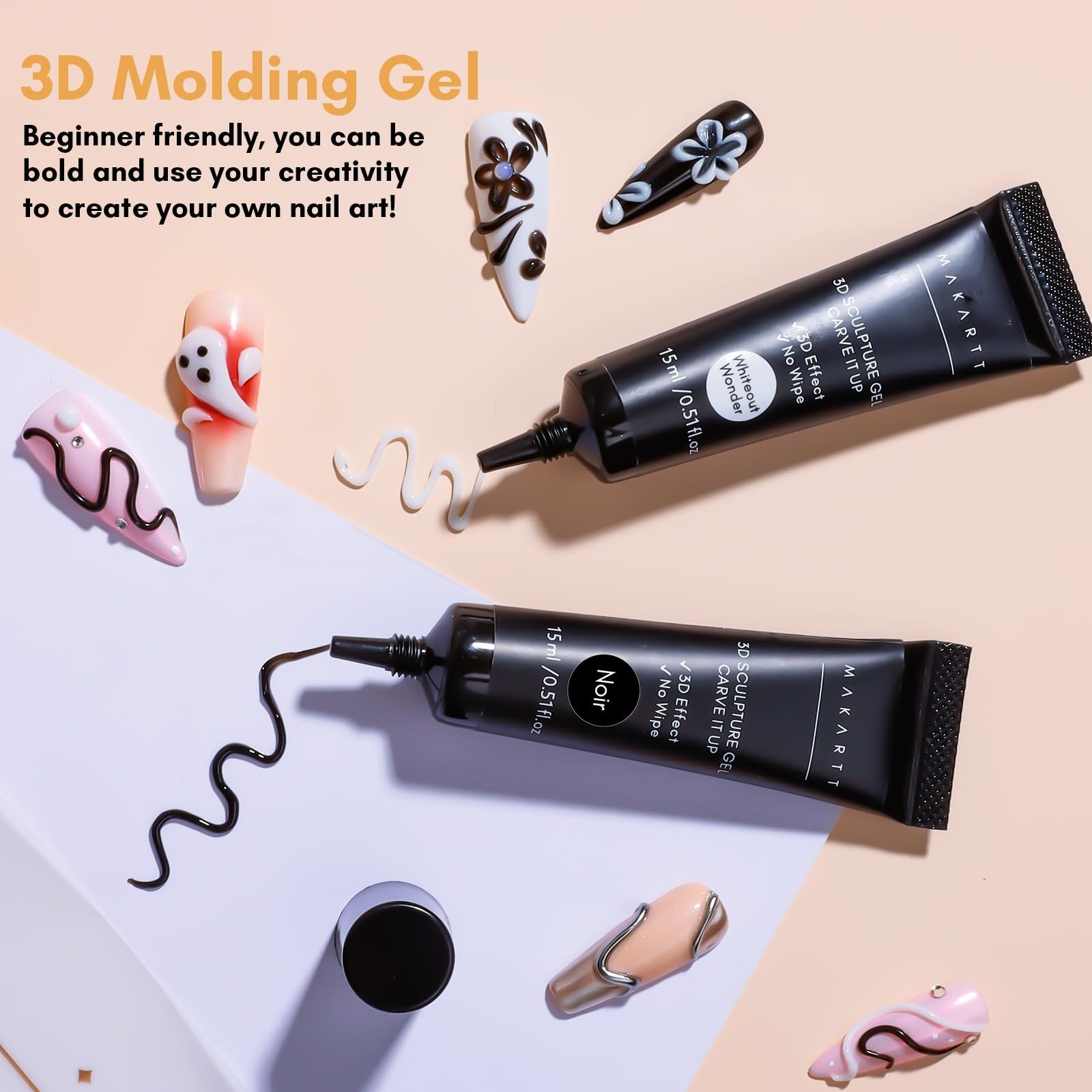 3D Gel Nail Art Set – White & Black Sculpting Molding Gel, No Wipe Embossed Poli