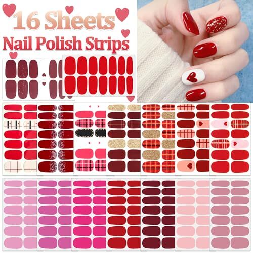 16 Sheets Nail Polish Strips Red Plaid Solid Color Nail Wraps Red&Pink Style