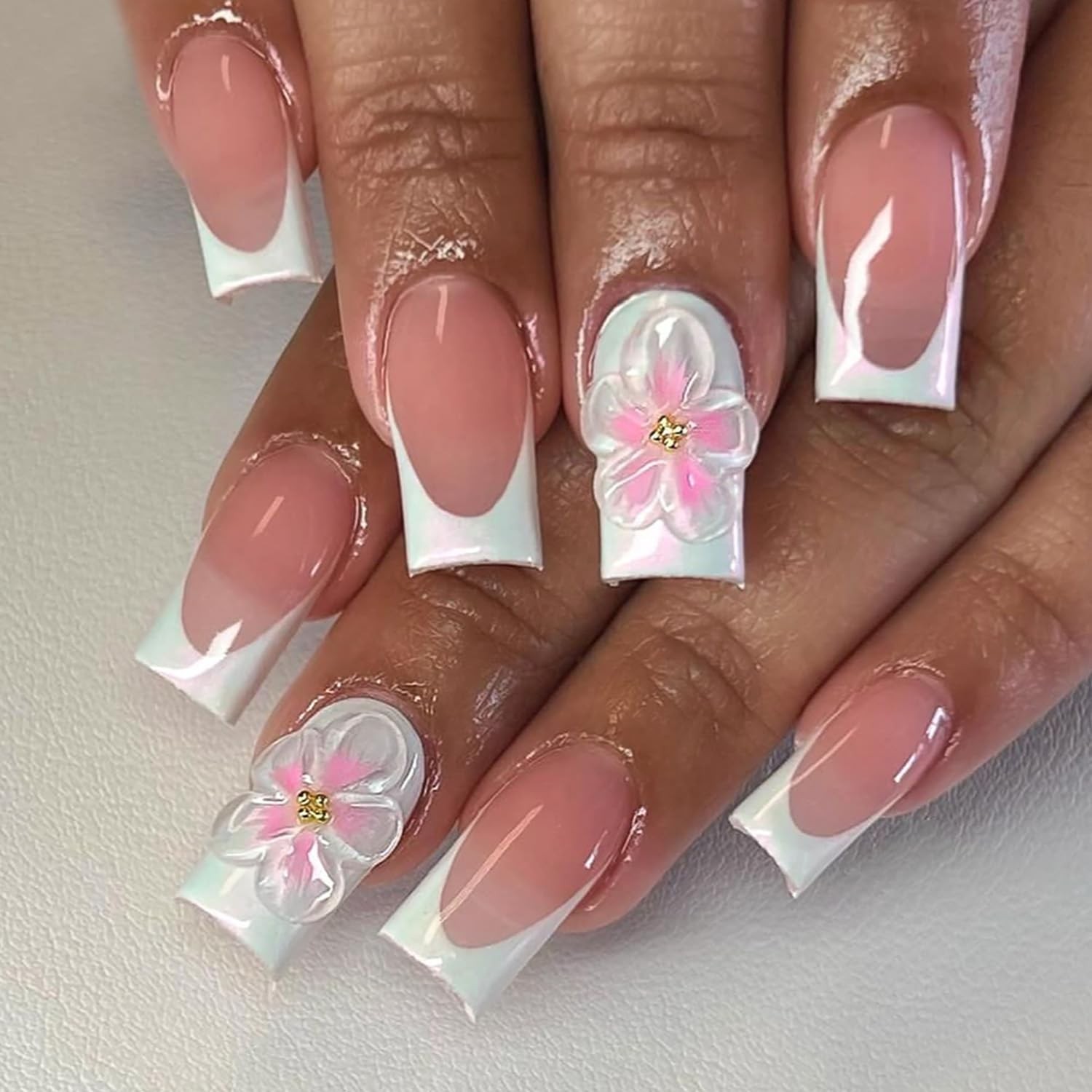 24Pcs 3D Flower Press on Nails Medium Square Fake Nails with White French Tip…