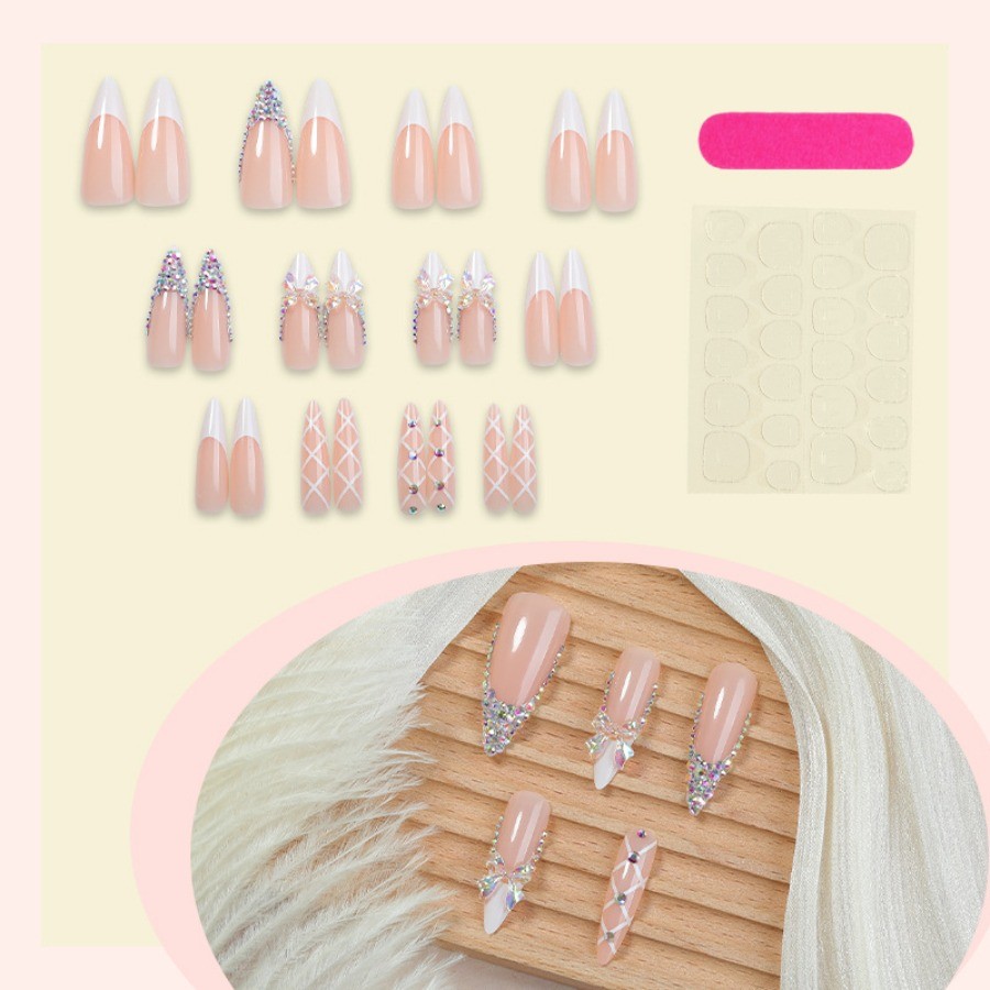 48pcs-Press on Nails Nude Almond 3D Crystal Bow Rhinestone Accents Bridal Design