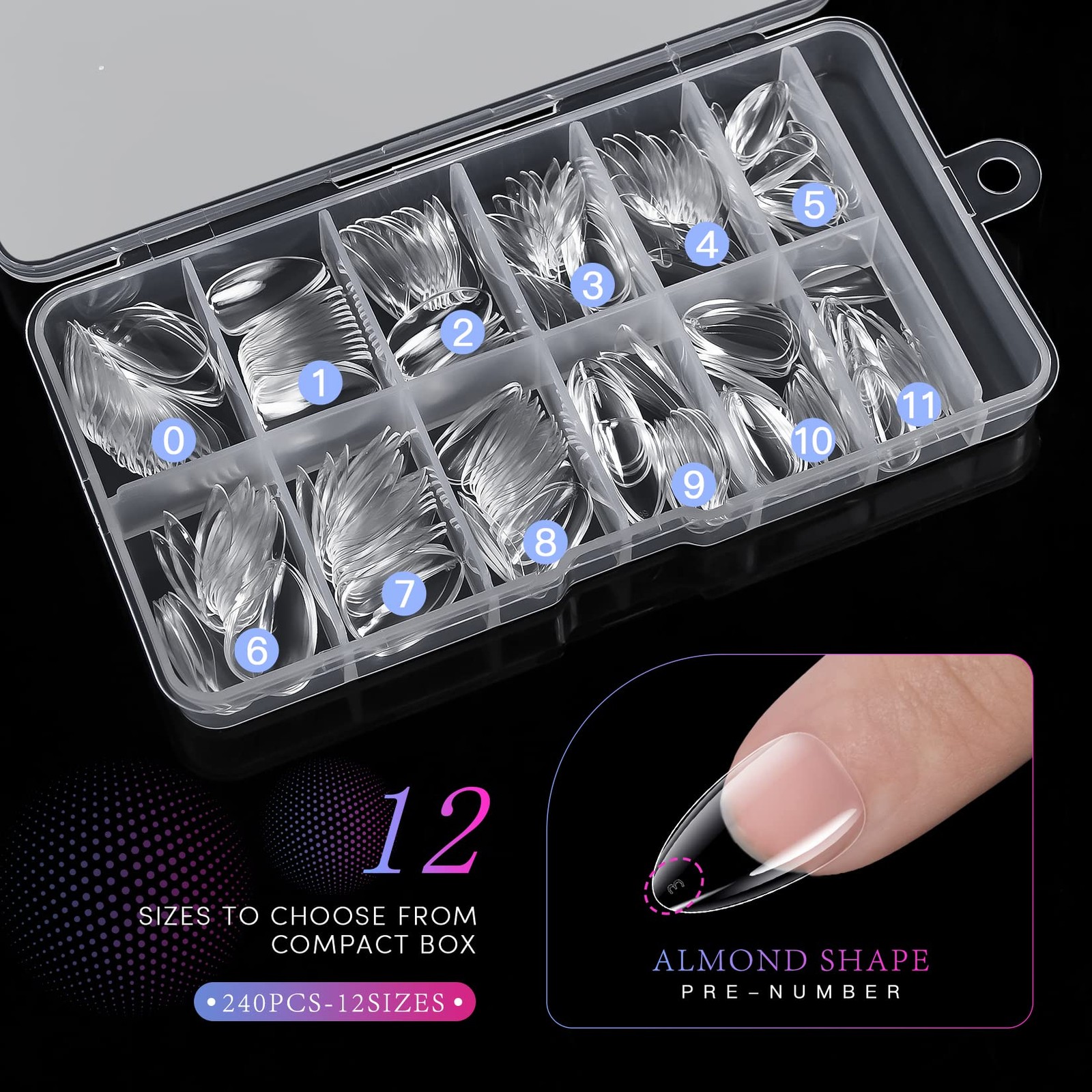 Krofaue Almond Nails Tips – 240Pcs Clear Fake Tips 12 Sizes Soft Gel False
