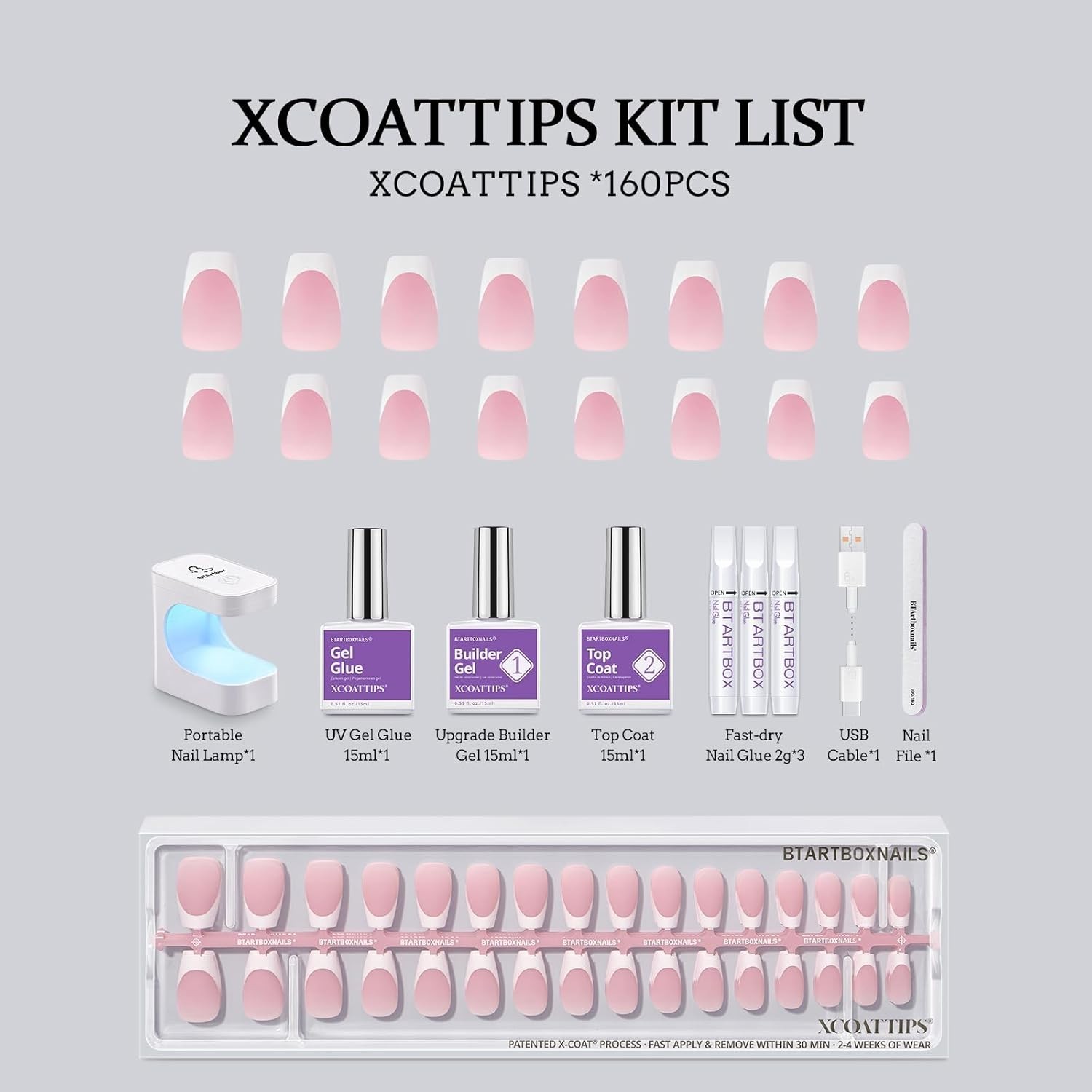 French Tip Press On Nails – Short Coffin Gel Kit, Salon Quality