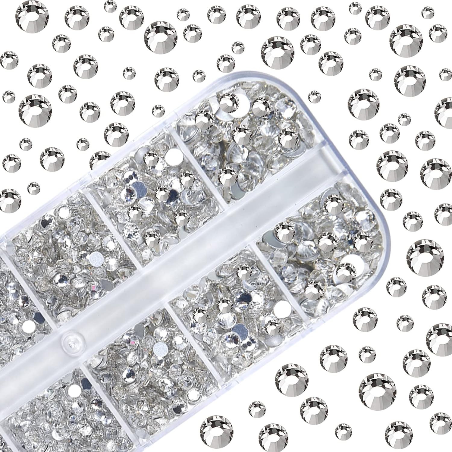 2400pcs Nail Art Rhinestones Kit with 6 Sizes & Tools – Crystal Clear Elegance