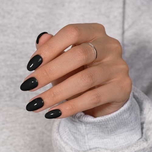 Black Press On Nails Short Oval – Acrylic Press On Nails with Glue, Dark black
