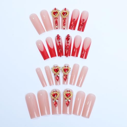 SINSEN Long Square Press on Rhinestone Acrylic Glossy Red French long square7