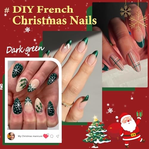 30 Pcs Dark Green French Tip Press on Nails Short Almond almond dark green