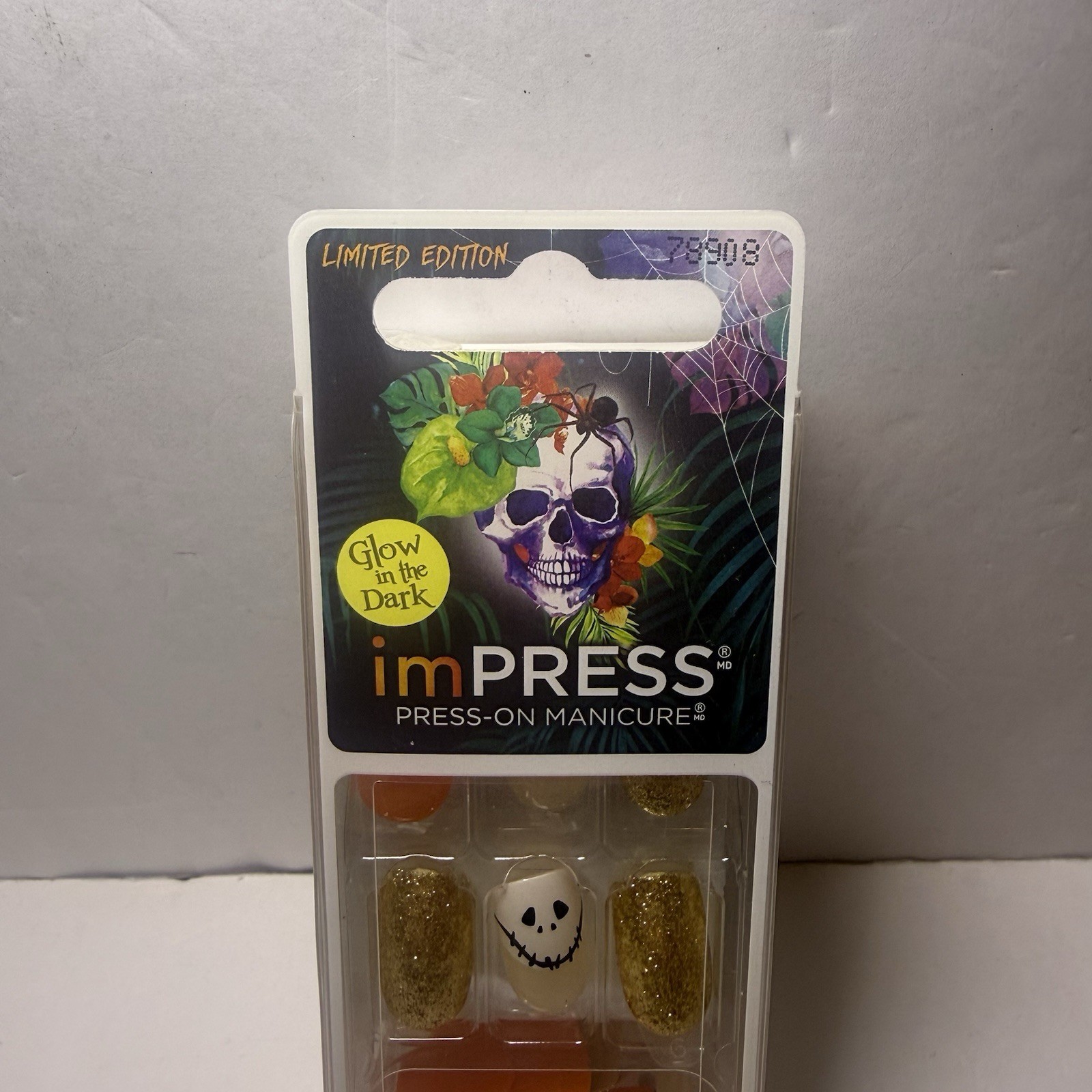 KISS imPRESS HAYRIDE 30 Press-On Nails Glow in Dark Skeleton Glitter Orange Fall