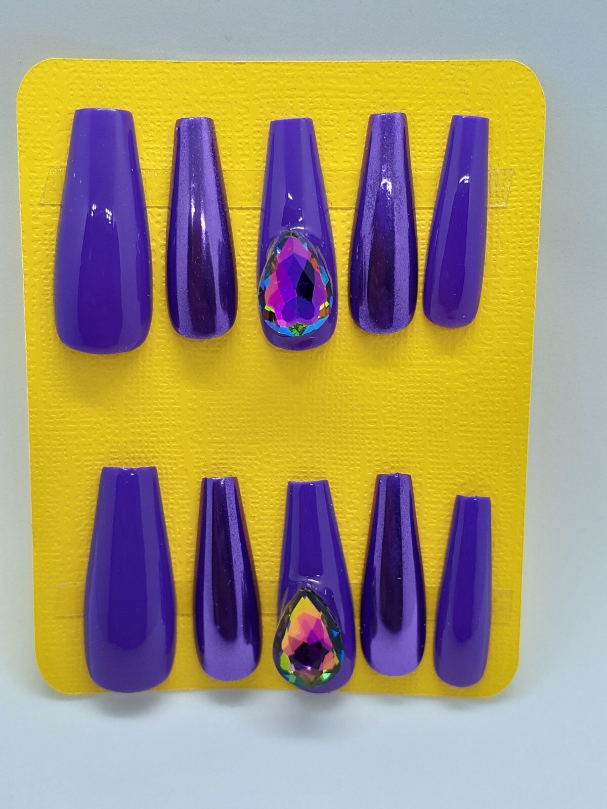 Purple Chrome 3D Rhinestone Bling Luxury Set Of 10 Long Press on Nails