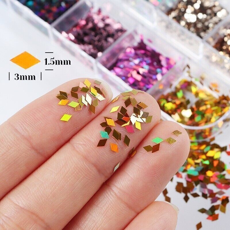 12 Grids Colorful Glitter Rhombus Design Nail Art Sequins Nails Stickers Decor