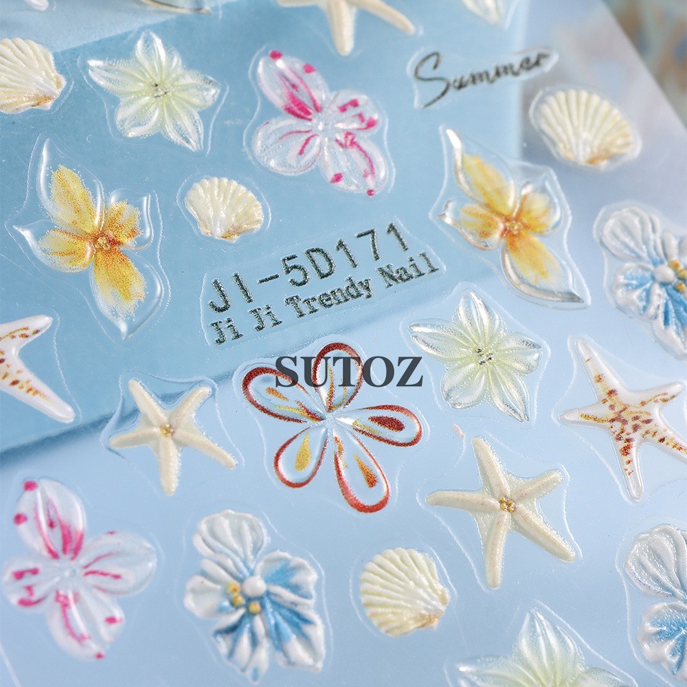 Summer 5D Embossed Ocean Nail Art Stickers Flower Starfish Seashell Coconut NH29