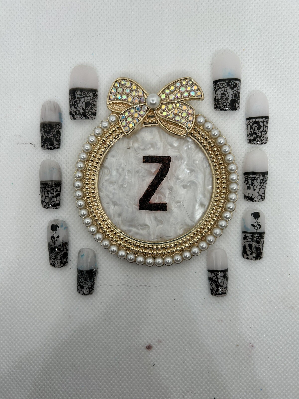 Z NAILZ! Gorgeous Handmade Milky White W/Black Lace Press On Nails