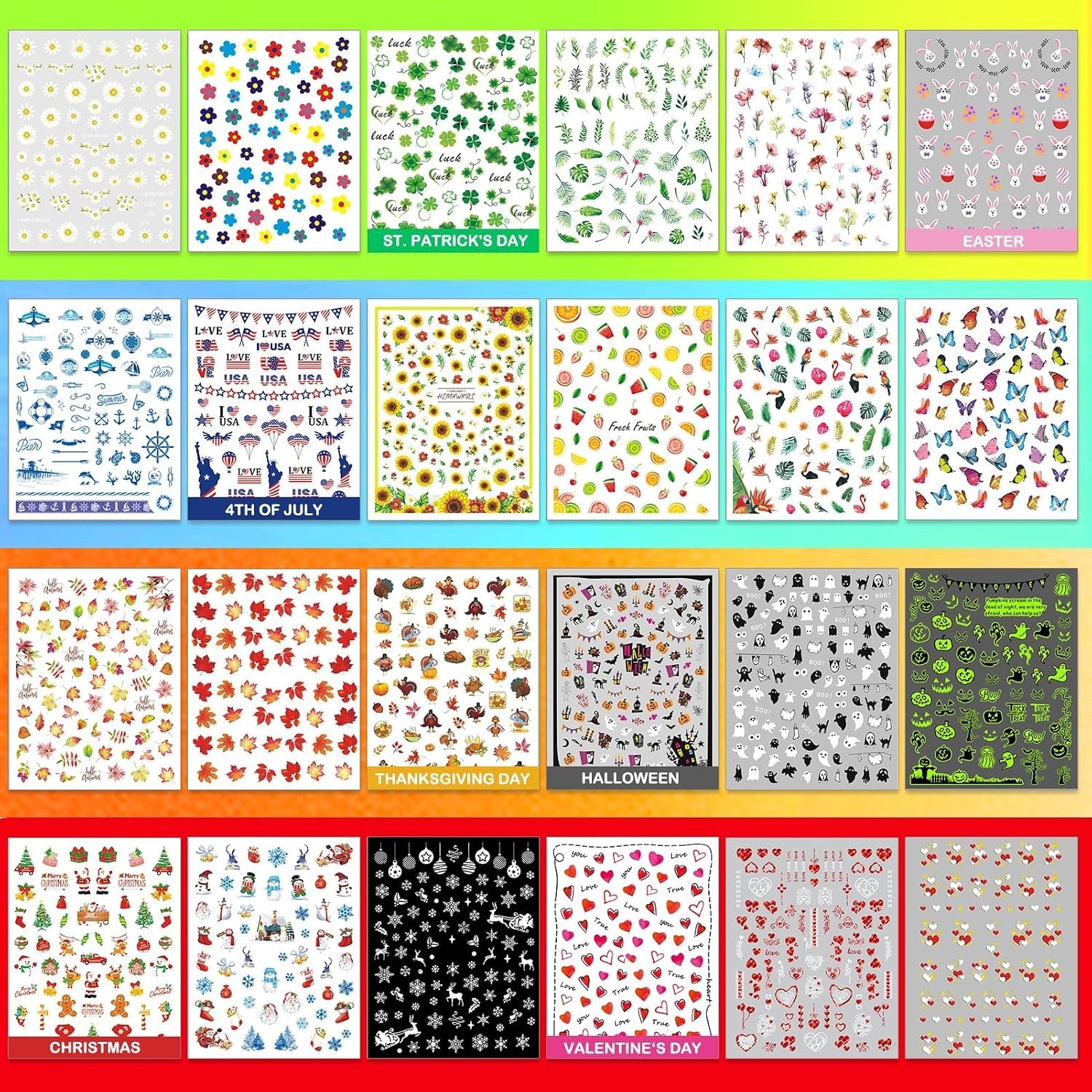24 Sheets Seasonal Nail Art Stickers, Four Season Variety Pack All Holiday Na…