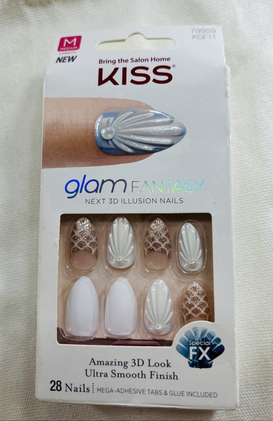 Kiss Glam Fantasy Press-On Nails Medium Almond White Nude Gold 3D Glue Included