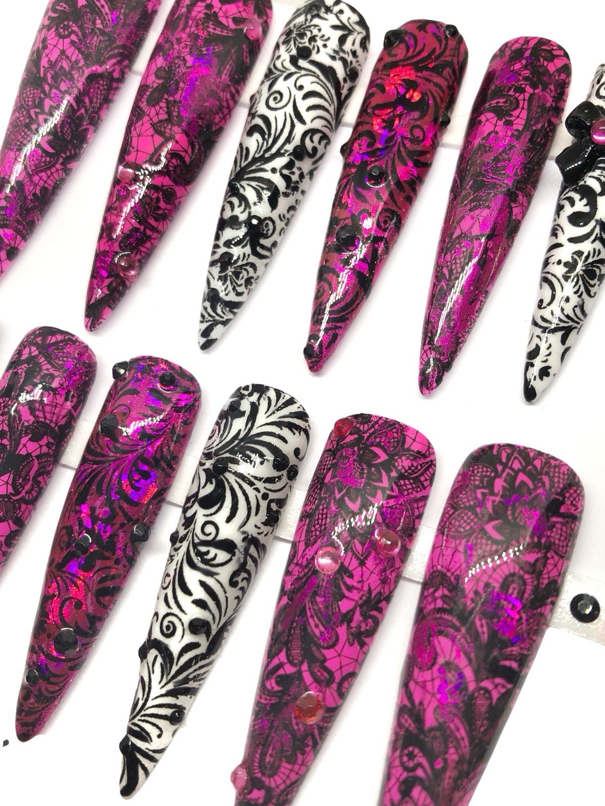 Handmade Custom Press On Nails 2X Length Stiletto Pink White Black Lace Nails