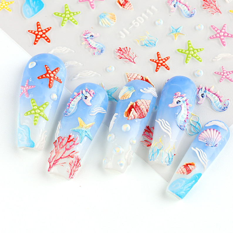 Summer Ocean Dolphin Shell Star Footprint Stickers 5D Embossed Nail Art Decals