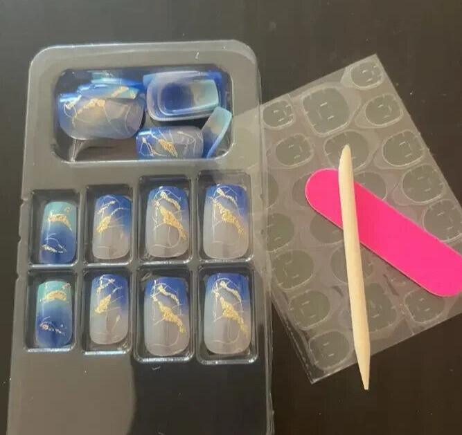 48 Pcs 2 Boxes Short Blue Gradient Press-On Nails Gold Metallic Marble Waves NIB