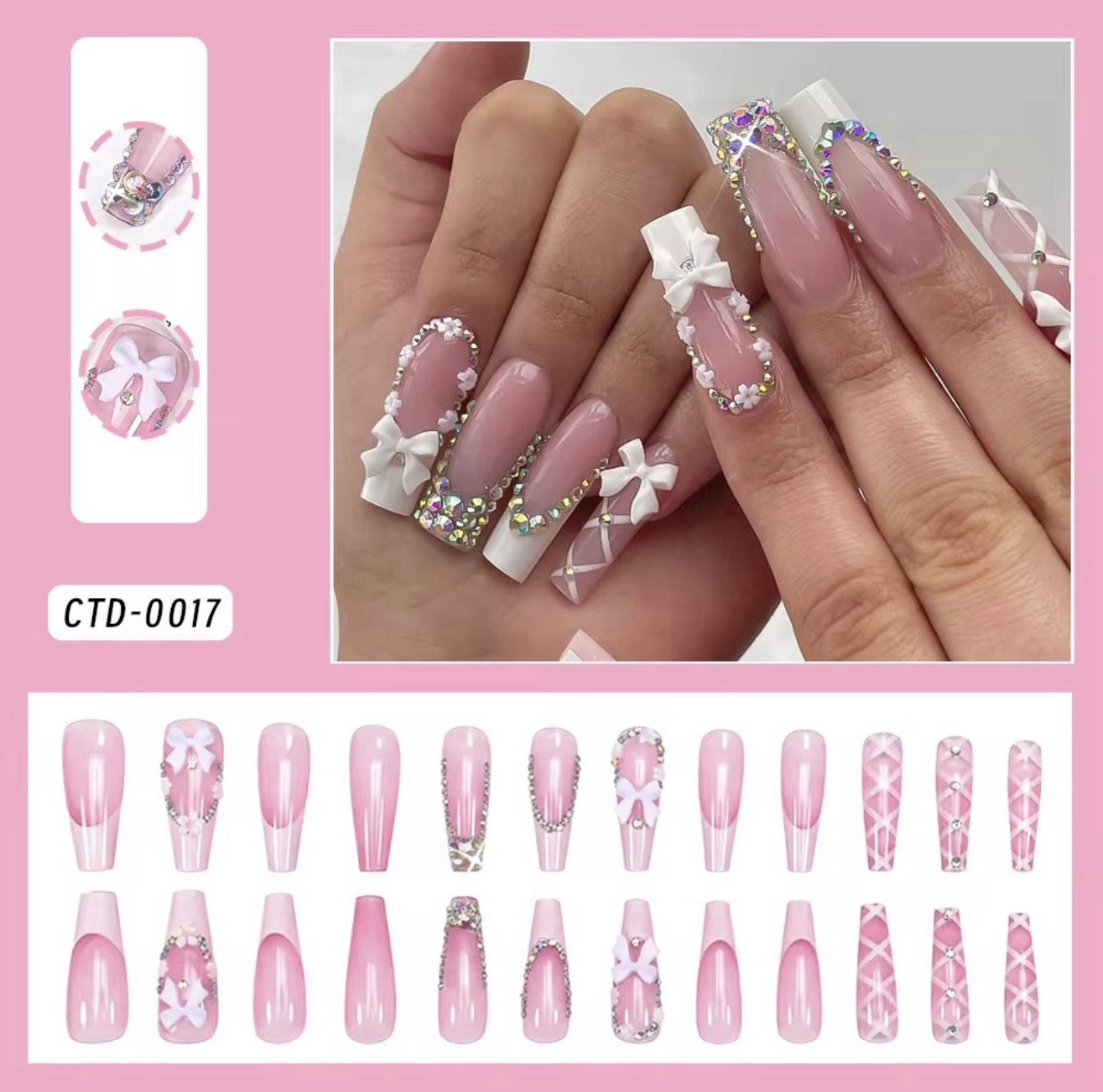24Pcs 3D Press-On Nails Set (Bows, Rhinestones, Shells & Floral Designs) – Reus