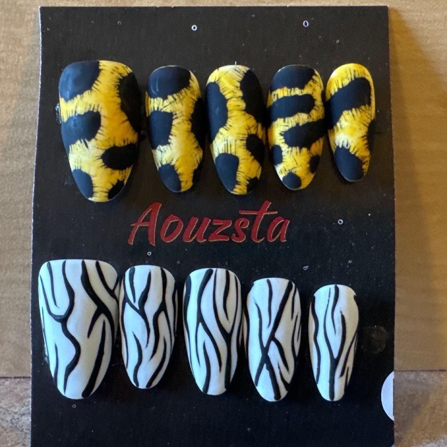 Animal Print Press On Nails Yellow Black Leopard Zebra Stripe Almond Shape Set