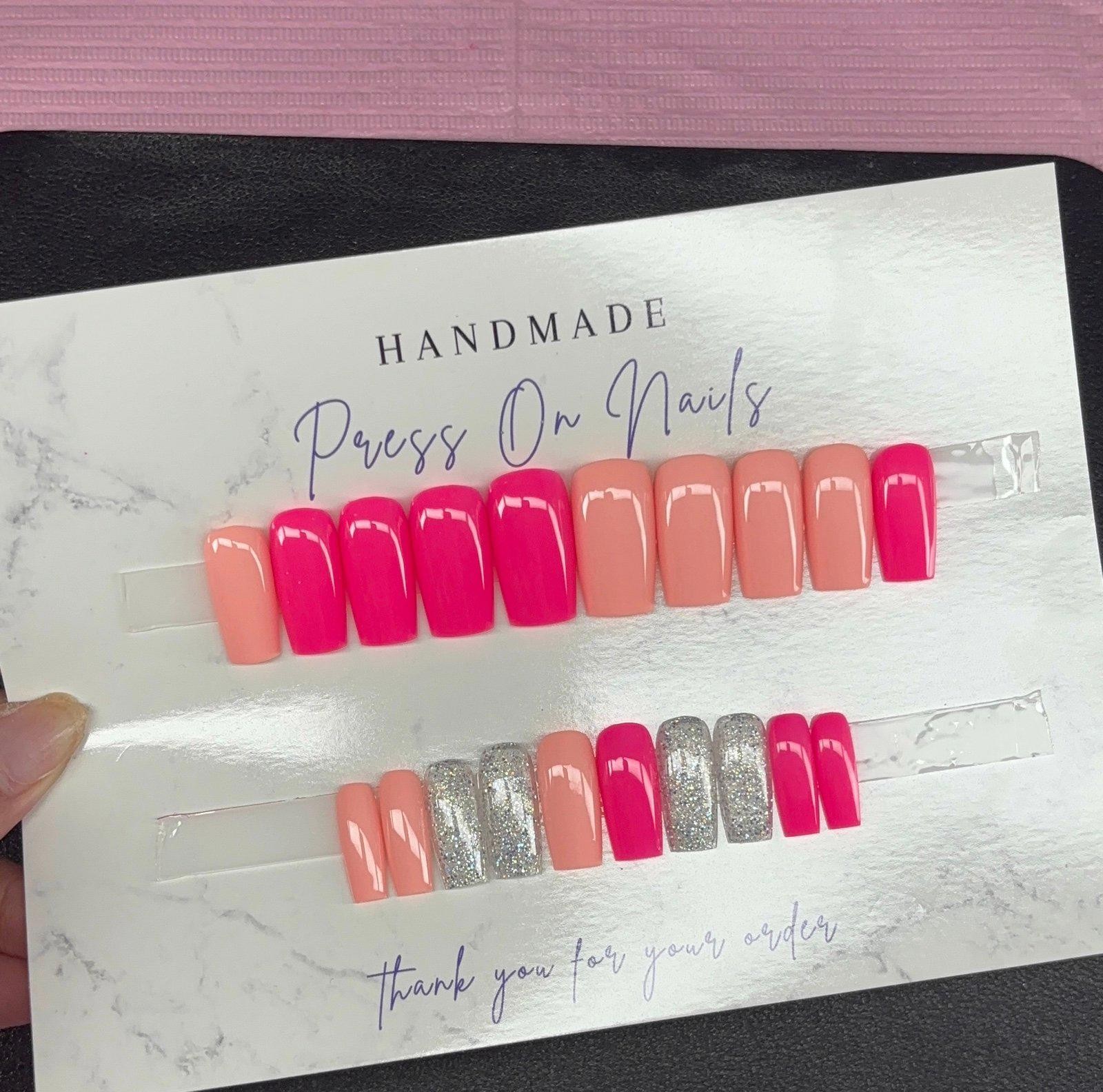 Medium square Press on nails silver glitter neon pink peach handmade gel