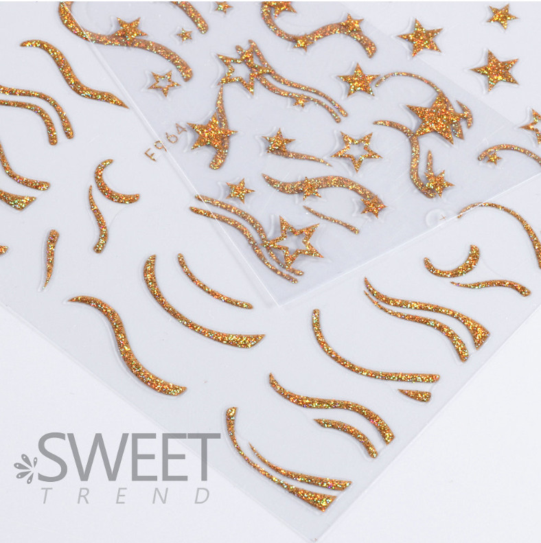Gold Glitter Nail Stickers Heart Star Butterfly French Line Transfer Decals NS52