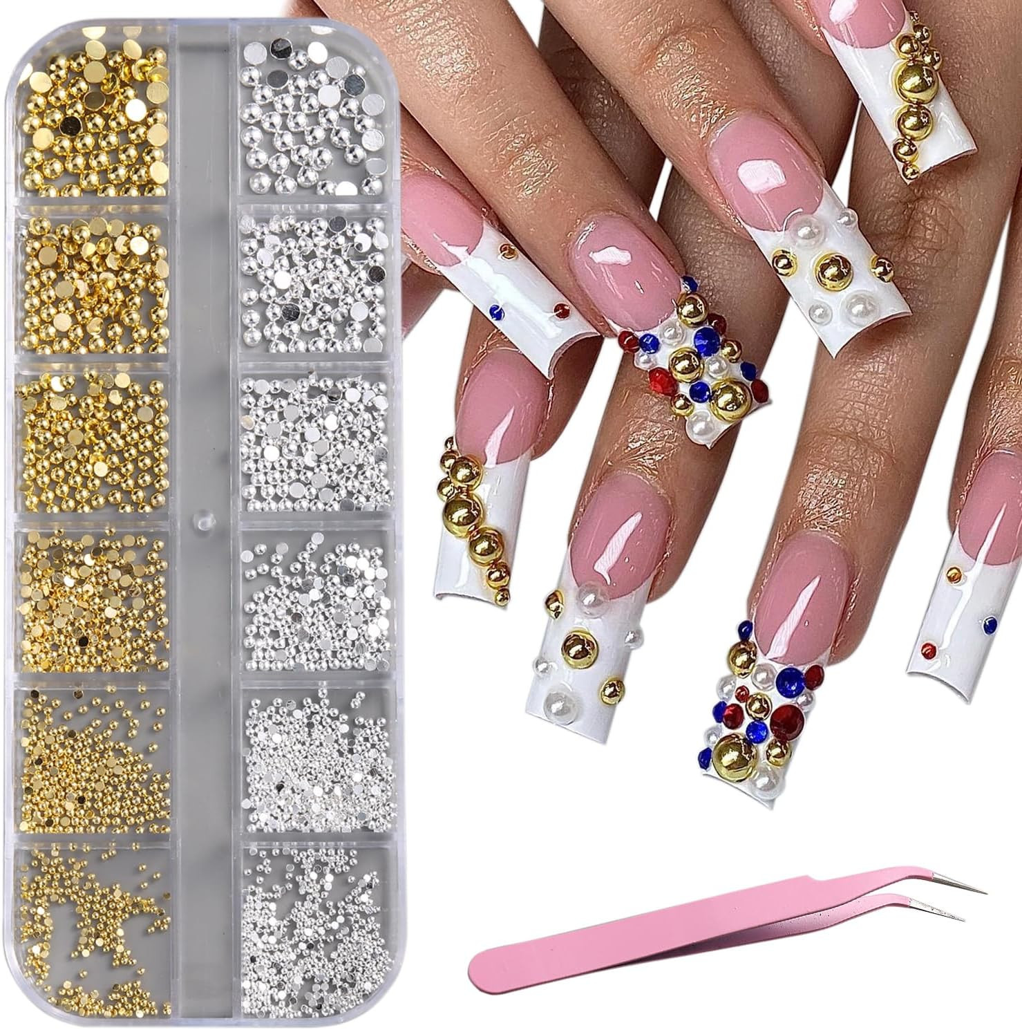 Gold & Silver Caviar Nail Beads Kit with Tweezers for DIY Nail Art & Crafts