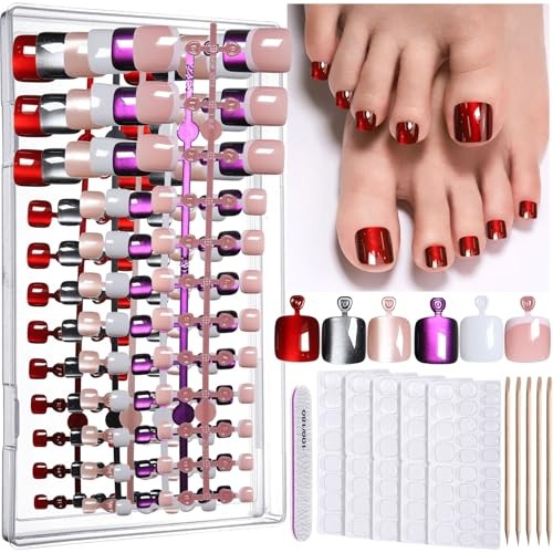 Press on Toenails, 6 Colors Press On Black/White/Nude/Red/Purple/French Tip