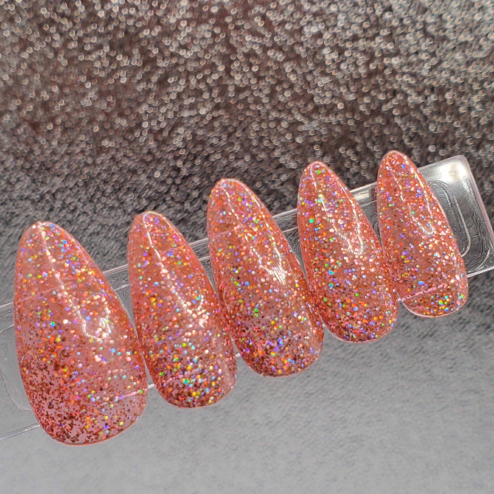 #178 Peach Pink Holo Glitter Press On Nails | Handmade | Hard Gel Glue on Nails