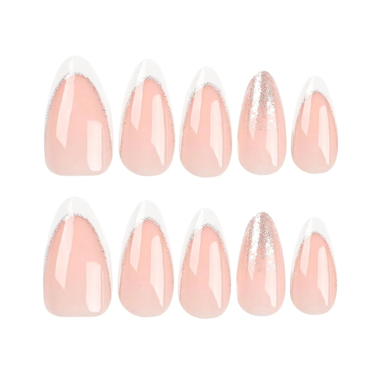 Secret Lives Glossy Artificial Light Pink White Color with Silver Glitter 24 set