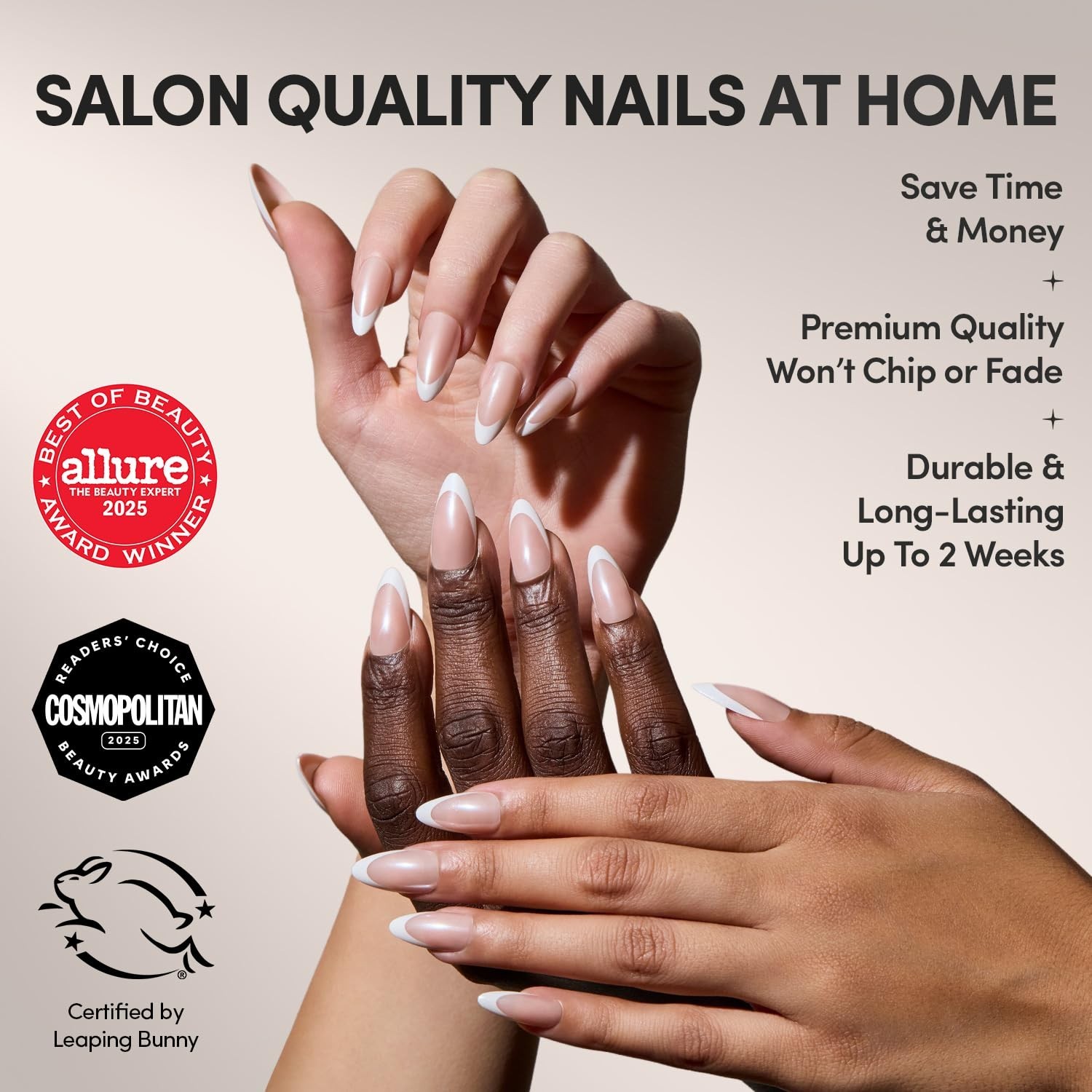 Salon Quality French Tip Press-On Nails – 30 Count Mother Pearl Almond Style
