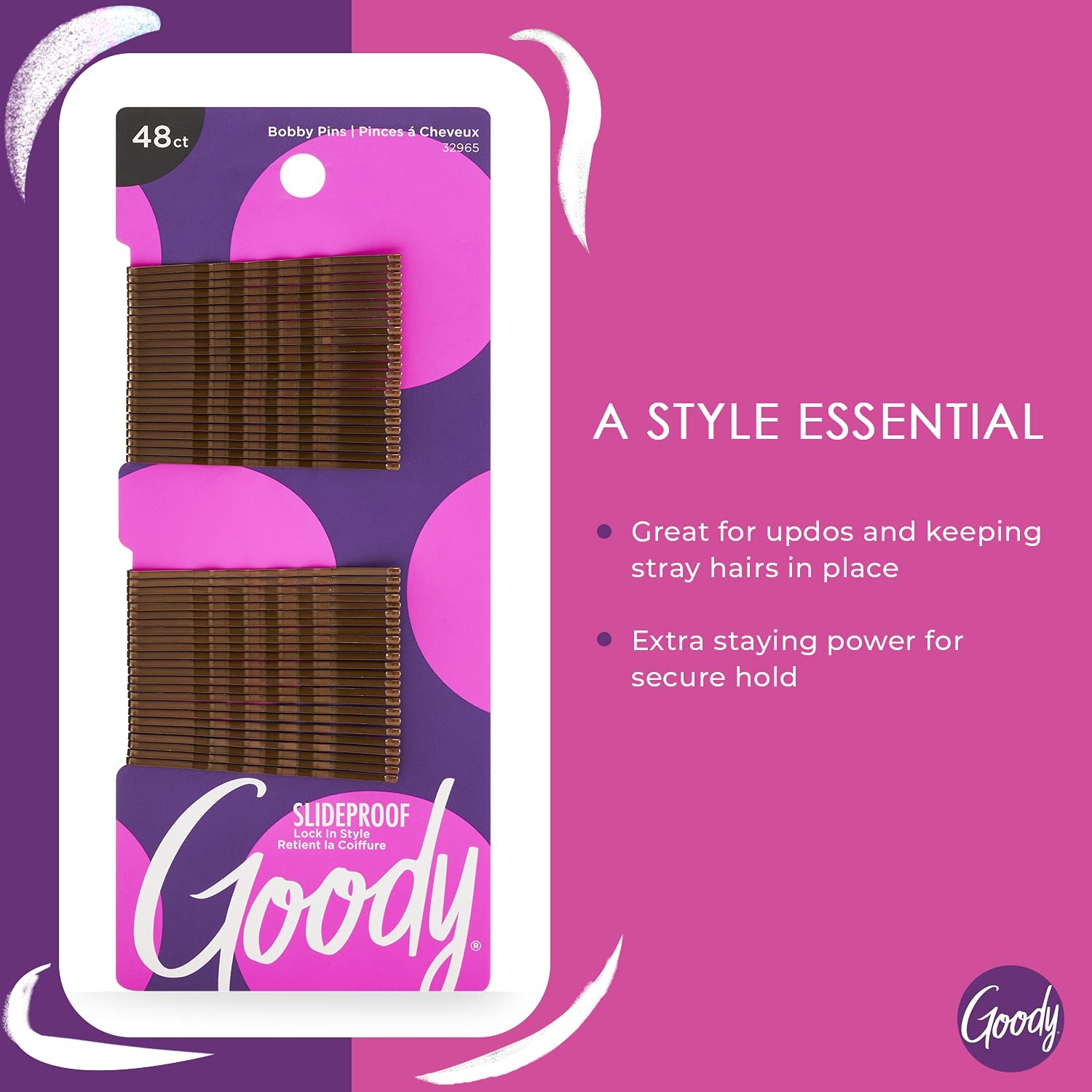 Goody SlideProof Bobby Pins, 48 Ct, Brunette 48 Count (Pack of 1), Brown