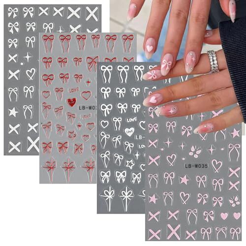Heart Bow Nail Art Stickers Heart Bows Nail Decals Black White Red Pink Bow