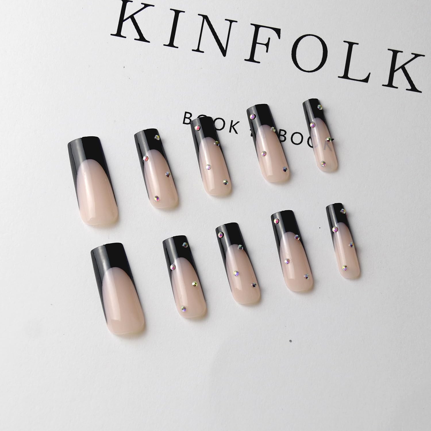 Press on Nails Long Coffin Black French Fake Nails, Rhinestones Acrylic Nails…