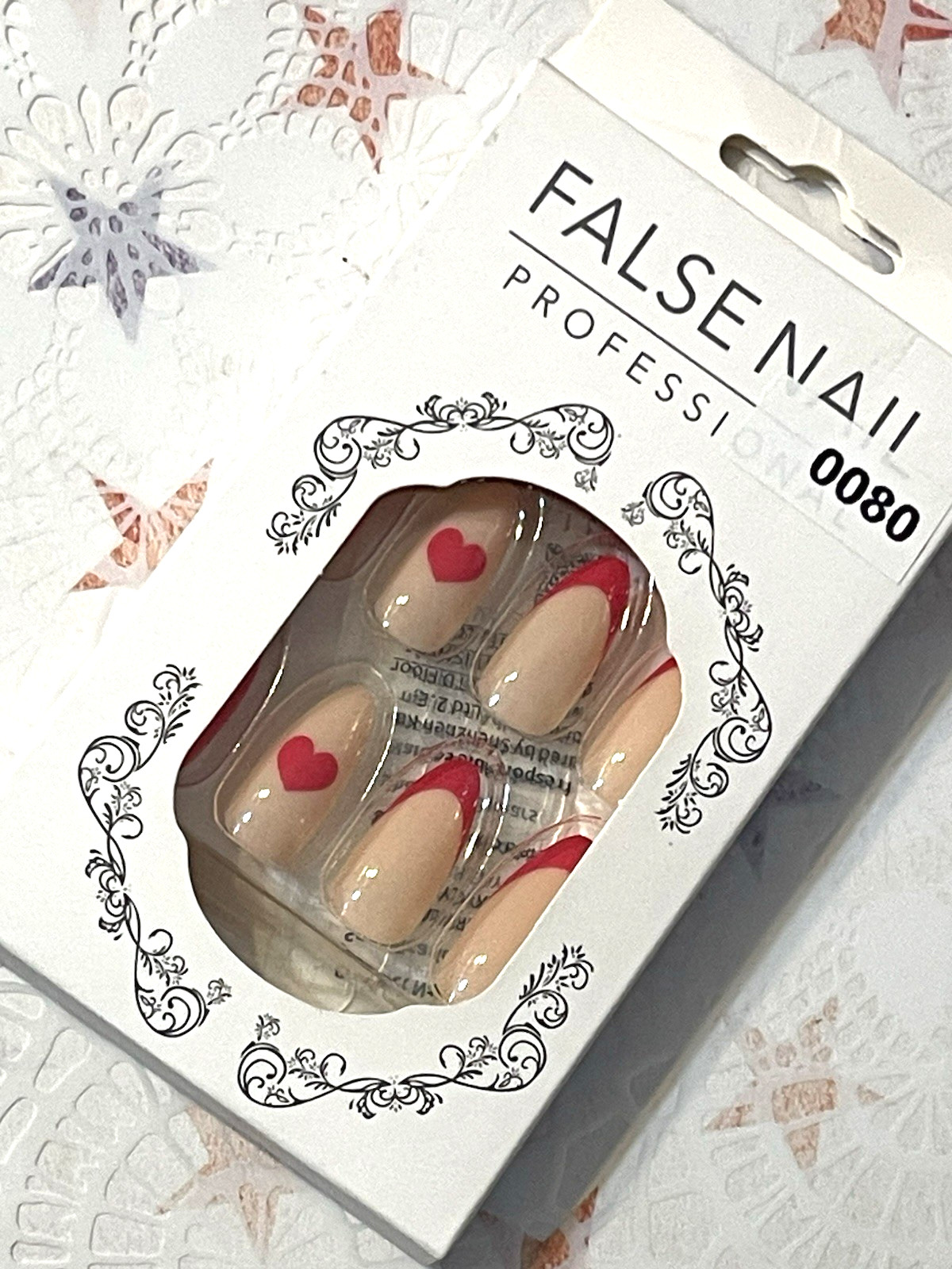 False Nail Professional NUDE with PINK RASPBERRY HEART DETAIL Press On Manicure