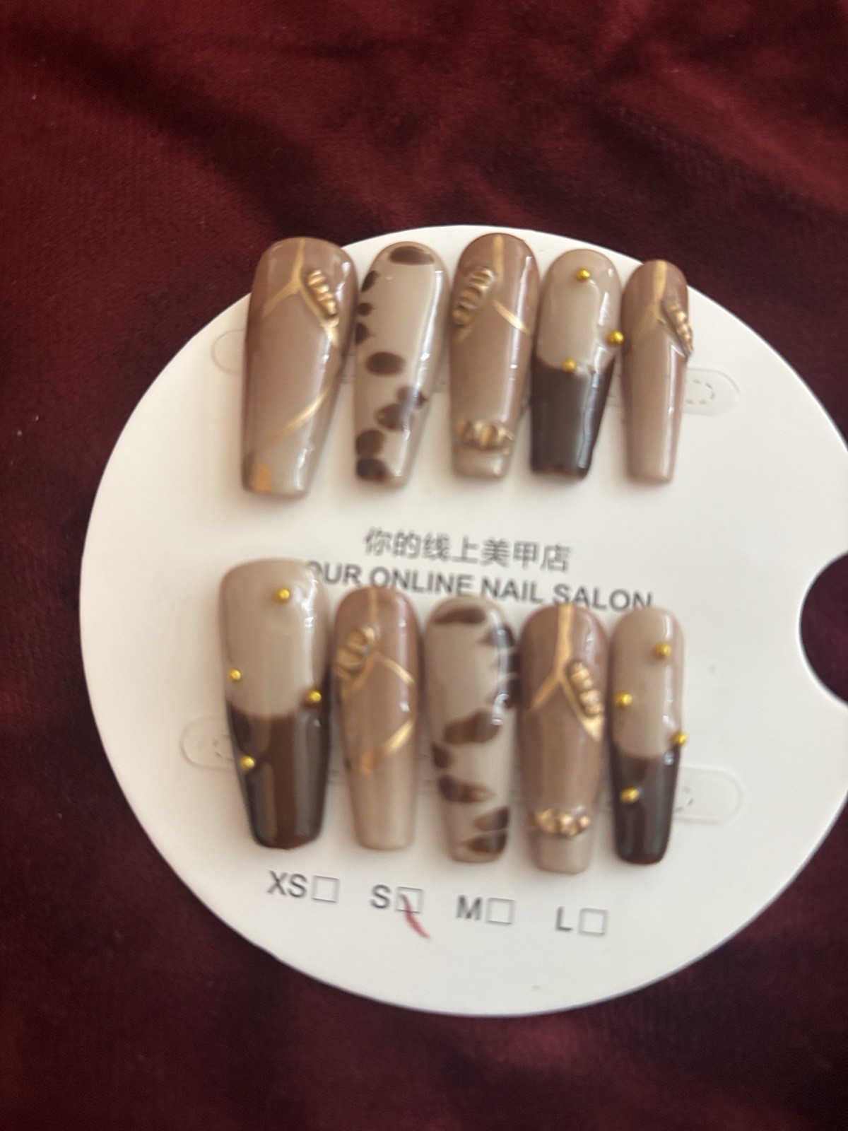 Press-On Nails Set Brown/Beige/Gold Shiny Abstract Long Coffin Full Cover