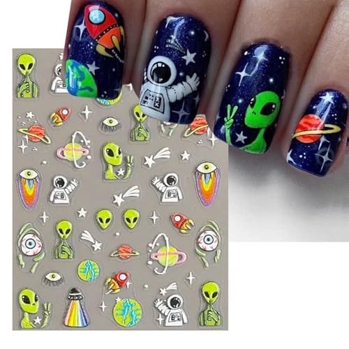 Embossed Alien Nail Art Stickers – 5D ET UFO Astronaut Rocket Design Self