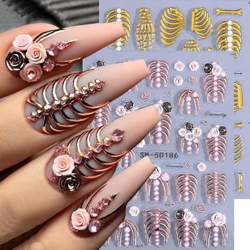 3Sheets Halloween Skeleton Nails Stickers Embossed Flower Skull Hand Bone Rose