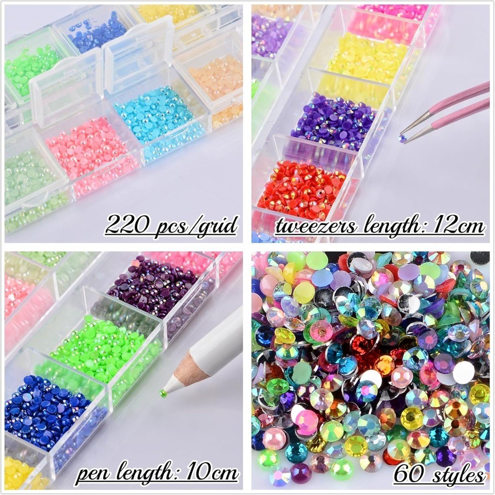 5 Boxes Nail Art Rhinestones, Half Pearls, 3D Flatback Gems for DIY Crafts,