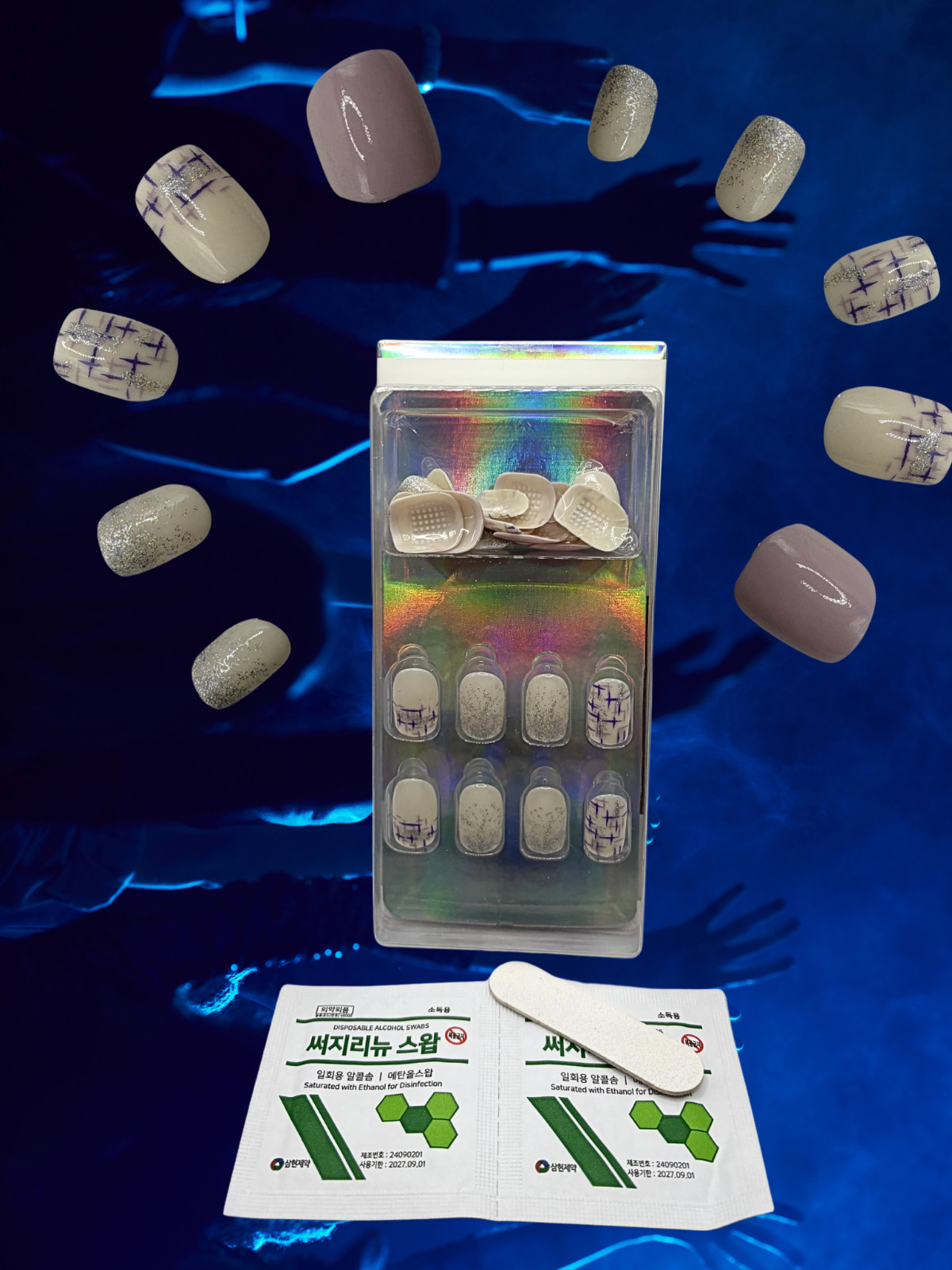Press-On Nails Square –Lilac and White Mix with Silver Glitter & Purple line Art