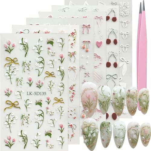 Flower Nail Art Stickers 5D Embossed Flower Nail Decals Spring Colorful-02