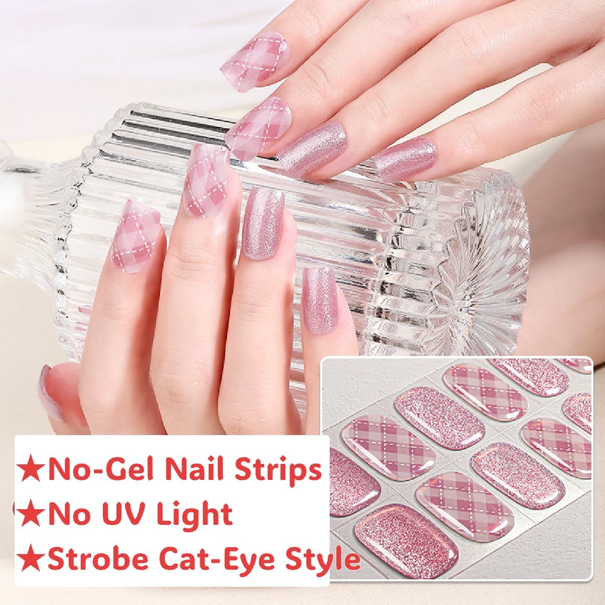 16pcs Gel Nail Strips – Nail Wraps Kit for Women Girls, No UV Light Needed, N…