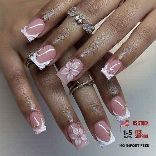 Flower White French Tip Square Press on Nails – Fake 5