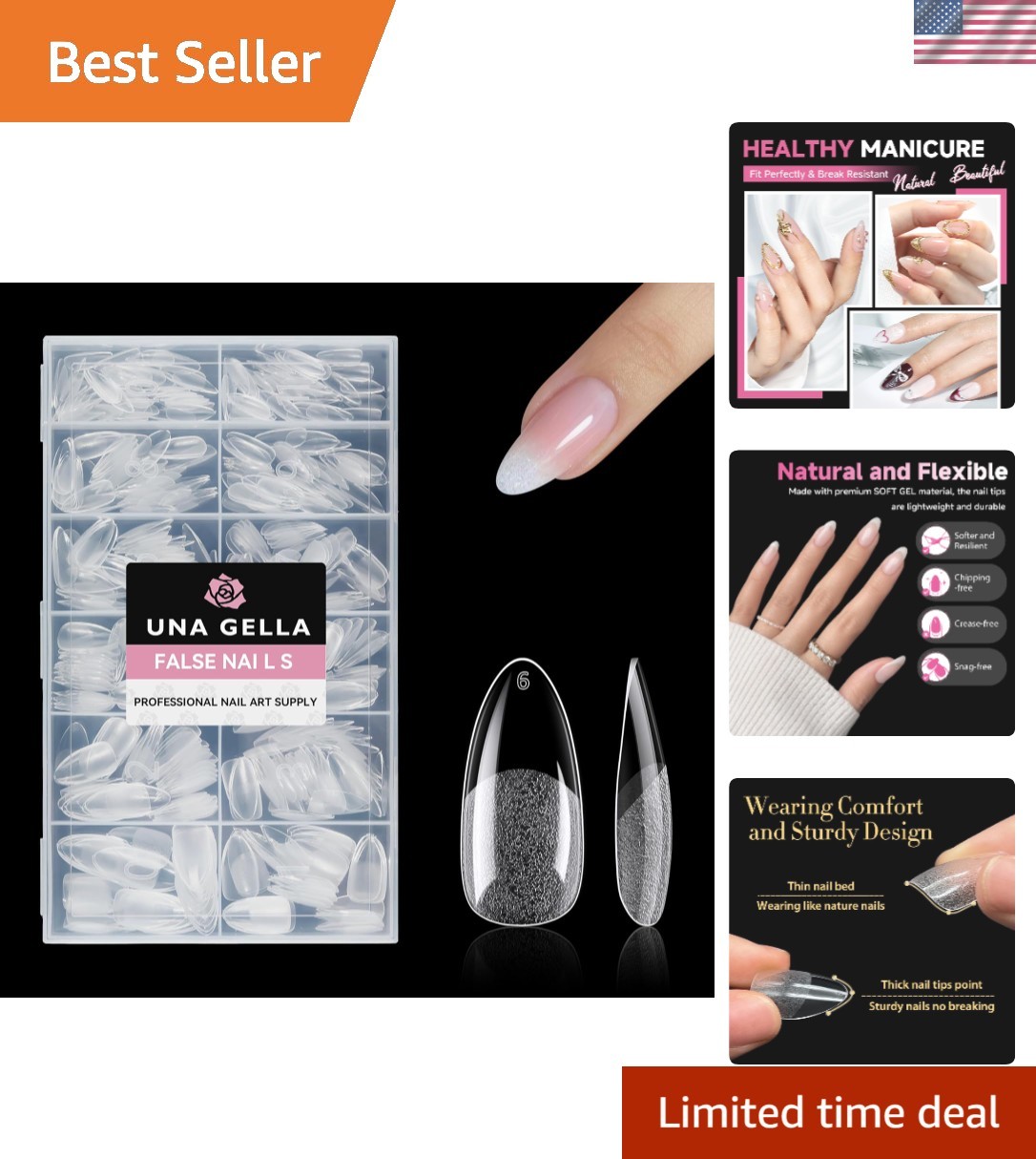 UNA GELLA Almond Gel Nail Tips 504PCS, Medium Clear Full Cover Soft Press On