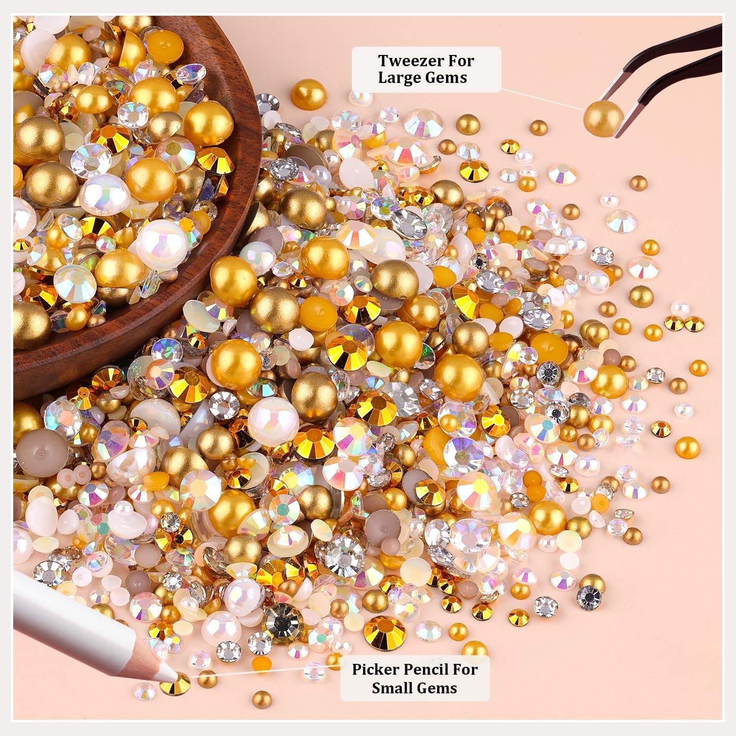 14000PCS Flatback Pearls & Gold Rhinestones for Crafting, Nail Art, DIY Decor