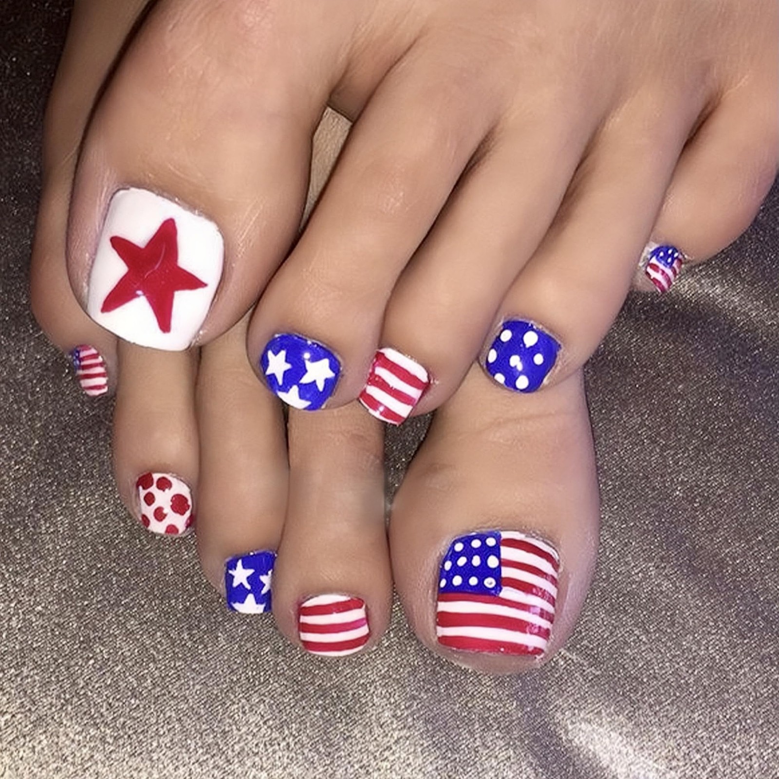 July 4th Press-On Toenails Short Square False Toenails Glossy Red Blue and Wh…