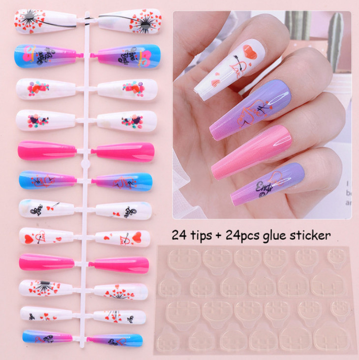 24PcsFake Nails Kit Set Love Valentine Nails Stiletto Ballerina Manicure Acrylic