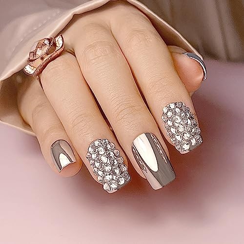 24 Pcs Glitter Rhinestones Metallic Silver Press on Nail bling square silver