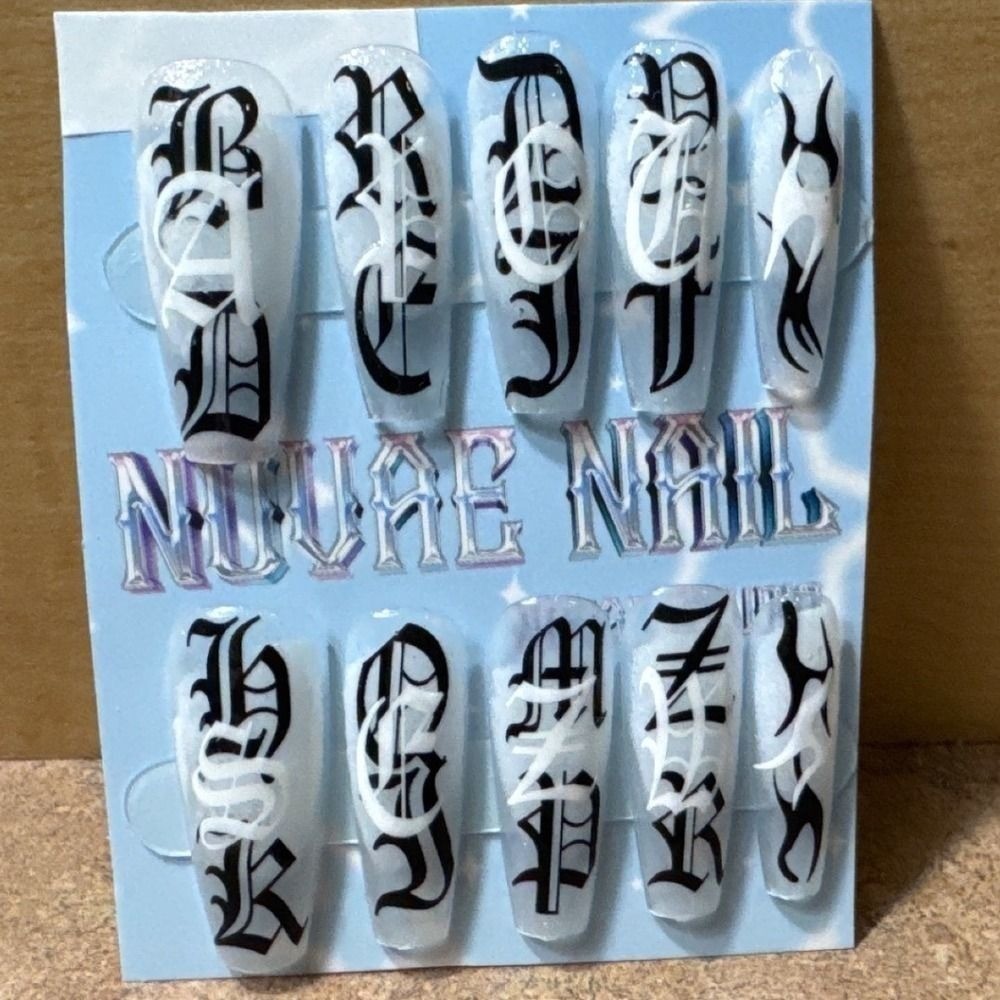 Gothic Old English Press On Nails Long Coffin White Black Tribal Y2K
