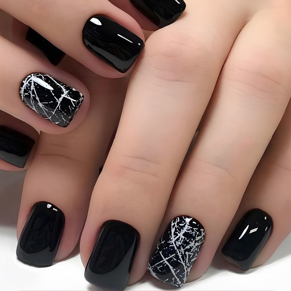 96pcs Sleek Black Press On Nails Crackle Elegant Long Fake Nails for Cool Style