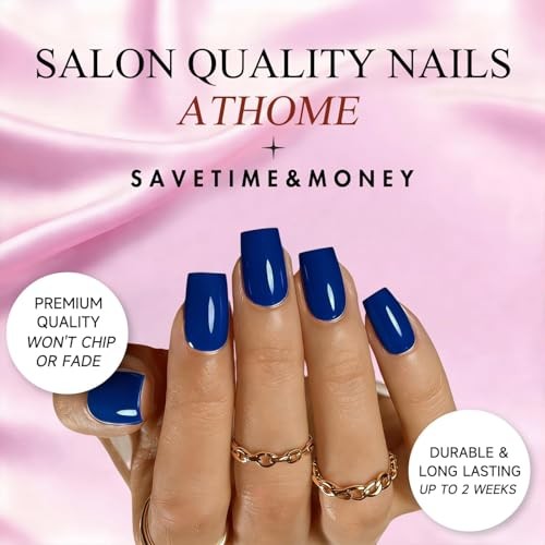 Navy Blue Short Fake Nails – Medium Square – Royal Blue Press On